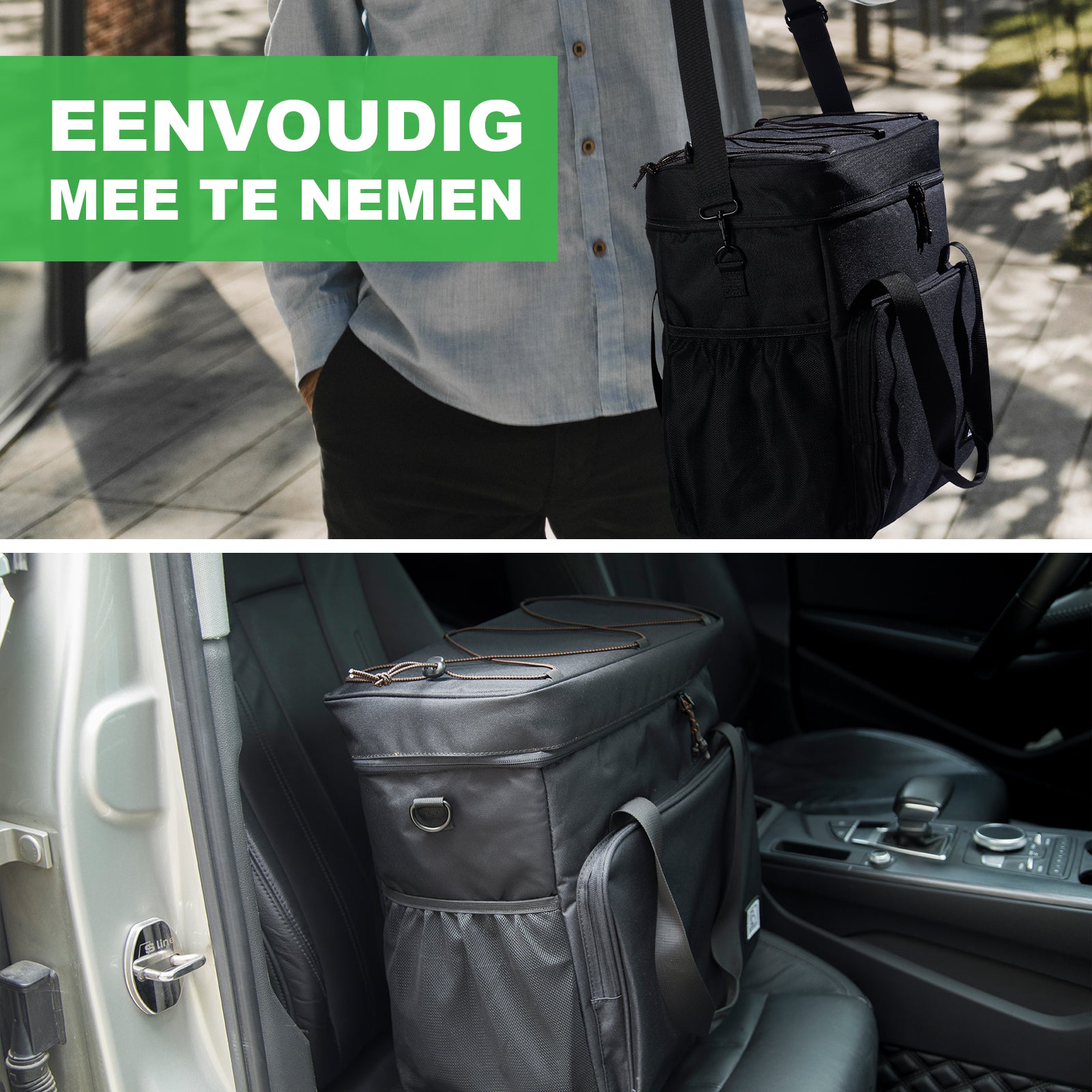 Koeltas 40L zwart met oranje binnenzijde - Lunchtas - 4-laags geïsoleerd - 6 gratis koelelementen - incl. schouderband