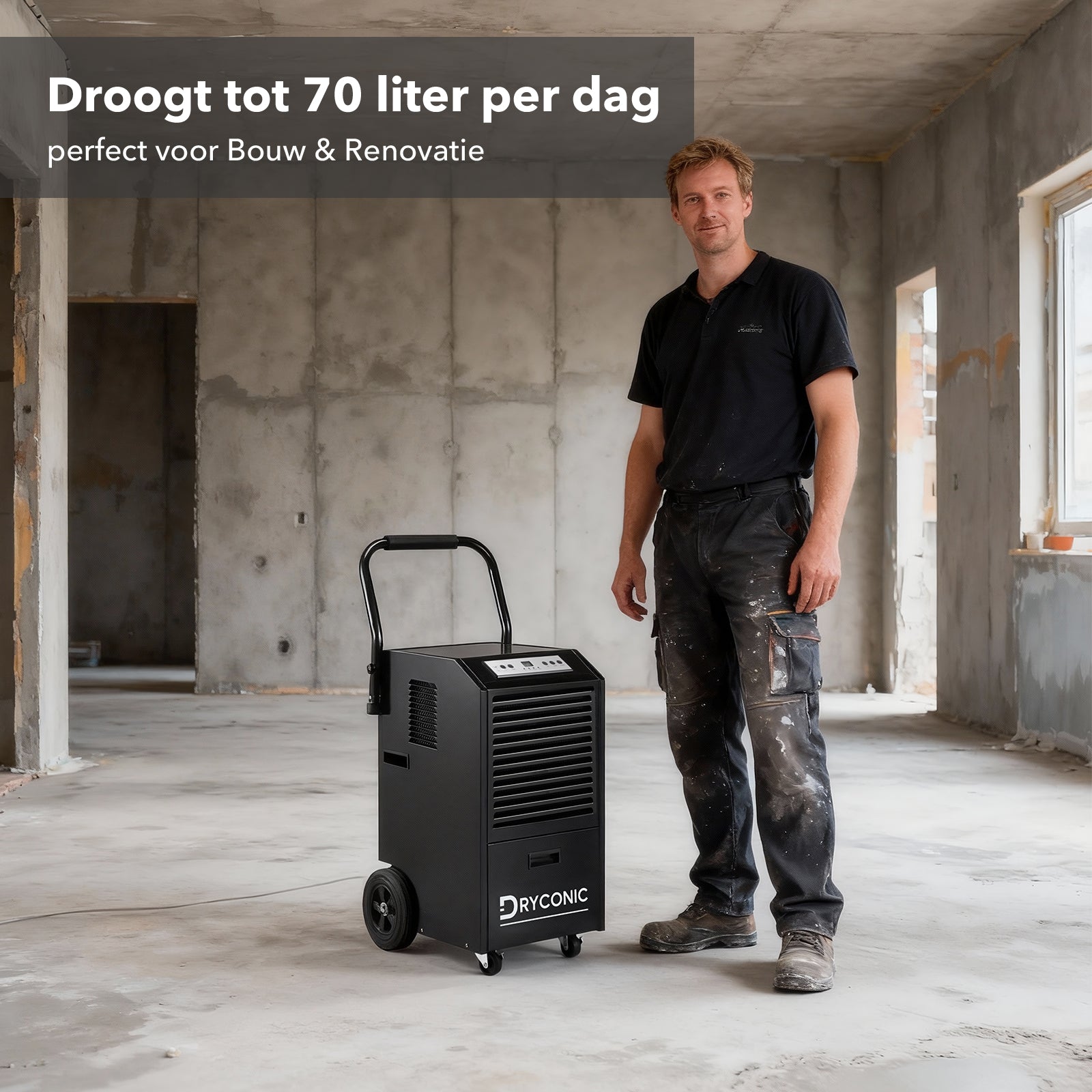 Dryconic Bouwdroger 70L - professioneel - 5,5L watertank - ContinuousDrain - Auto-Defrost - JobSite metaal