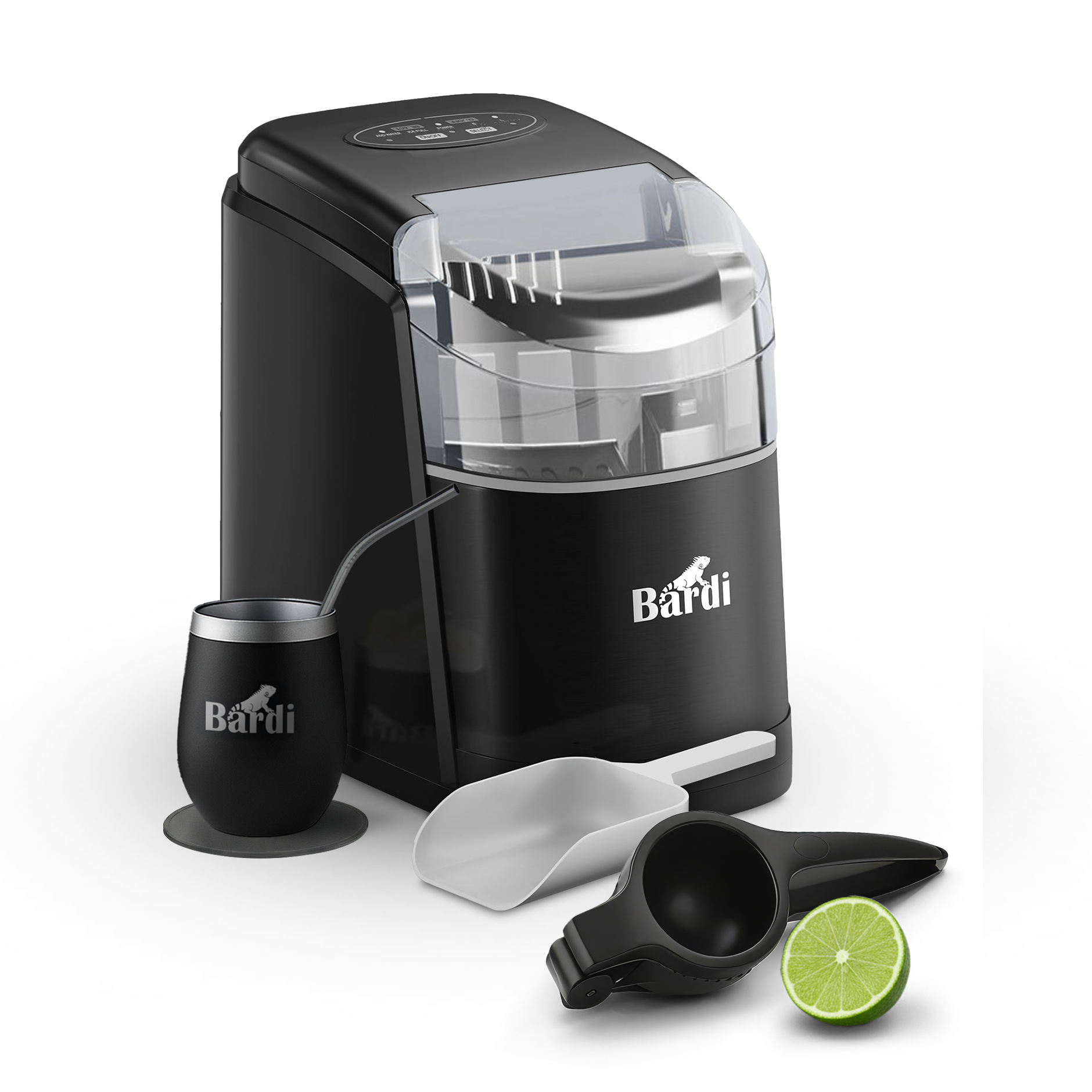 Bardi IJsblokjesmachine Set - 1.6L - Zelfreinigingsfunctie - IJsblokmaker met IJsschep -met IJsschep - Inclusief Luxe 3 Thermosbekers en Ijsschep- Zwart - Citruspers Zwart