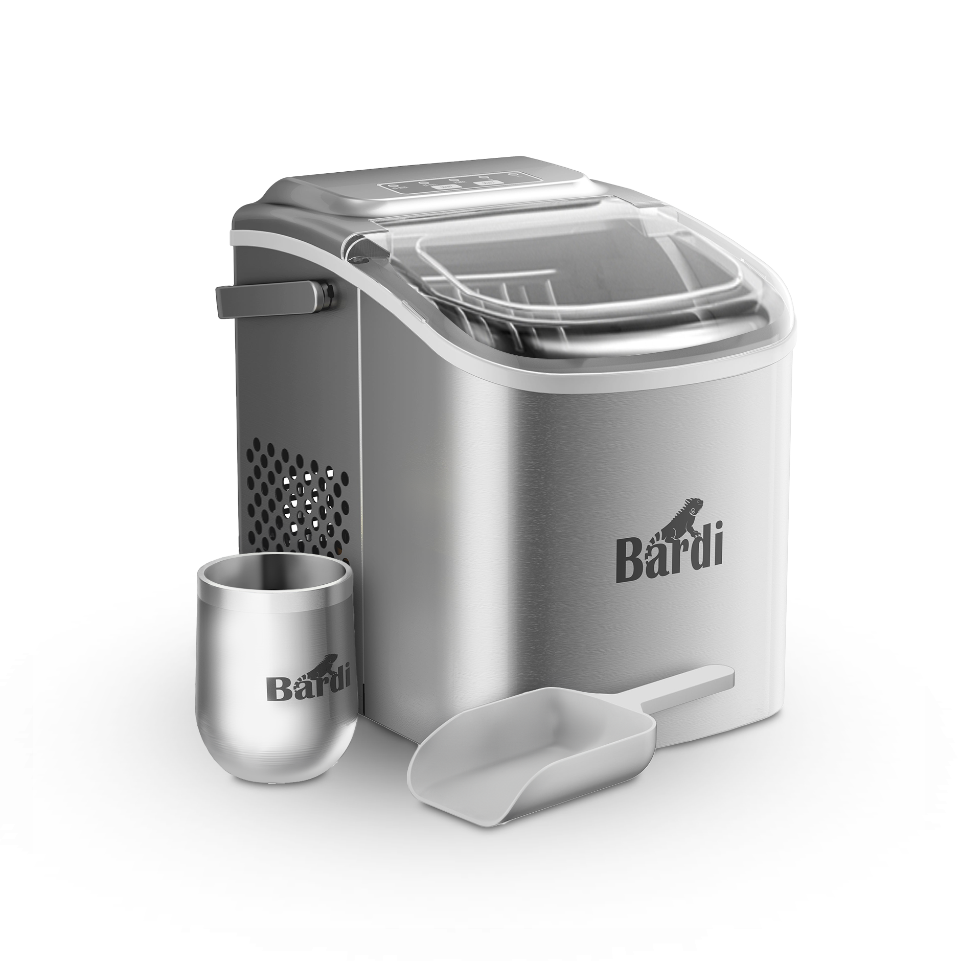 Bardi Deluxe Ice Cube Machine 1.2L Stainless Steel - Self-cleaning function - Ice cube maker with ice scoop - Incl. luxury thermos cup and ice scoop