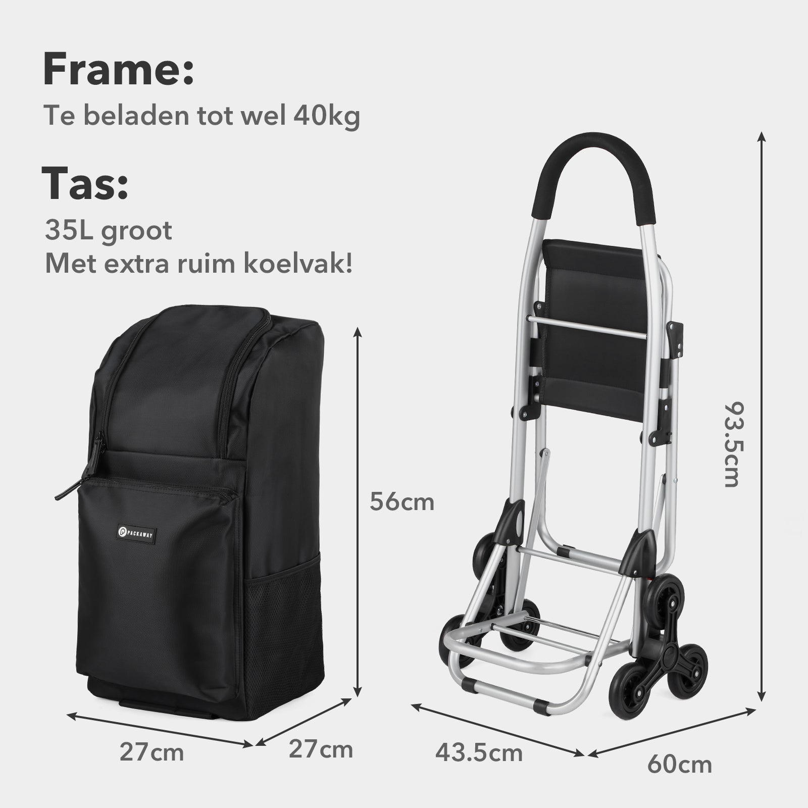 Packaway 35L Boodschappentrolley met 6 Wielen voor Trappen - Klapstoel Functie - Steekwagen Functie - Geïsoleerd - Afneembare Rugzak - Zwart