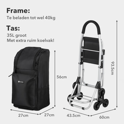 Packaway 35L Boodschappentrolley met 6 Wielen voor Trappen - Klapstoel Functie - Steekwagen Functie - Geïsoleerd - Afneembare Rugzak - Zwart