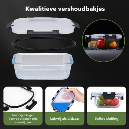 BARDI 10 Delige Glazen Meal Prep Bakjes + 10 Wonderspons – Glazen Vershoudbakjes – Luchtdicht – BPA-vrij – 1060ML + 370ML – Zwarte Clips