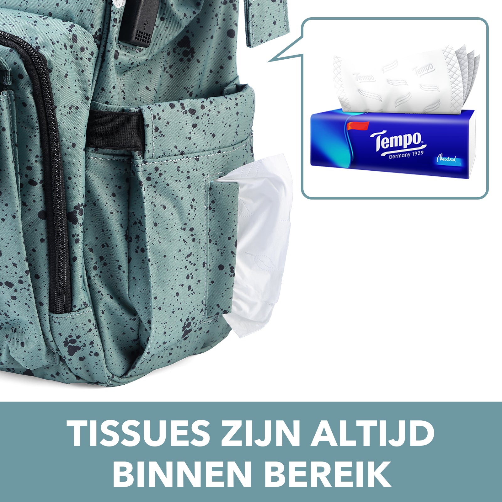 Stayopen changing bag green dots - changing bag - stay-open frame - USB charging function - incl. buggy mounting and changing mat