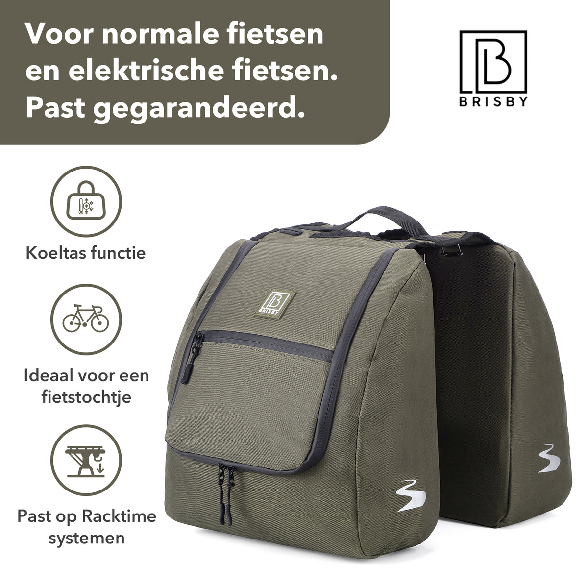 Brisby Dubbele Fietstas 34 Liter – Voor Gewone en Elektrische Fiets – Waterafstotend Polyester – Met Trekkoord, Gespsluiting en Reflectie – Groen