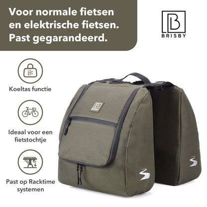 Brisby Dubbele Fietstas 34 Liter – Voor Gewone en Elektrische Fiets – Waterafstotend Polyester – Met Trekkoord, Gespsluiting en Reflectie – Groen