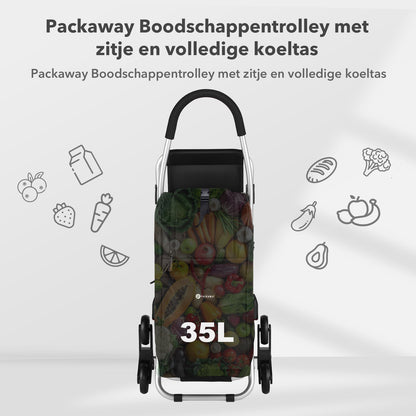 Packaway 35L Boodschappentrolley met 6 Wielen voor Trappen - Klapstoel Functie - Steekwagen Functie - Geïsoleerd - Afneembare Rugzak - Zwart