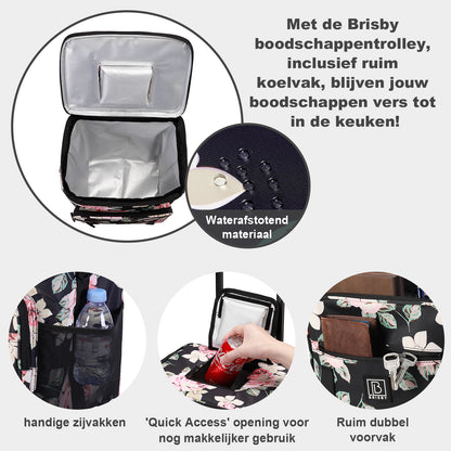 Brisby Boodschappentrolley met Koelvak – 32L Ruimte – Ideaal voor Boodschappen – Inclusief Koelelementen – Waterafstotend – Verstelbaar Handvat – Dark Flower