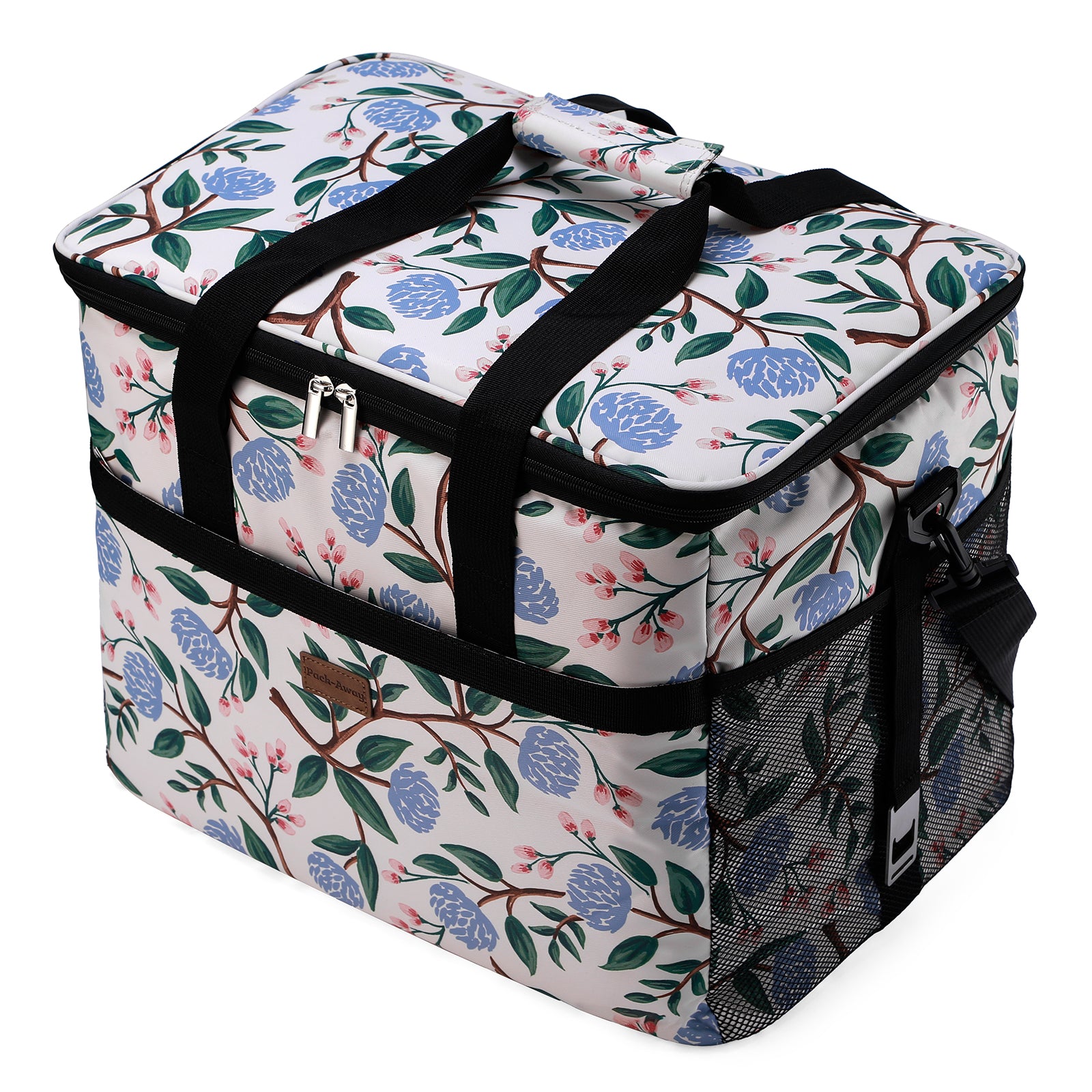 Koeltas 40L white flower - lunchtas - opvouwbaar - 4-laags geïsoleerd - incl. 6 gratis koelelementen en draagband