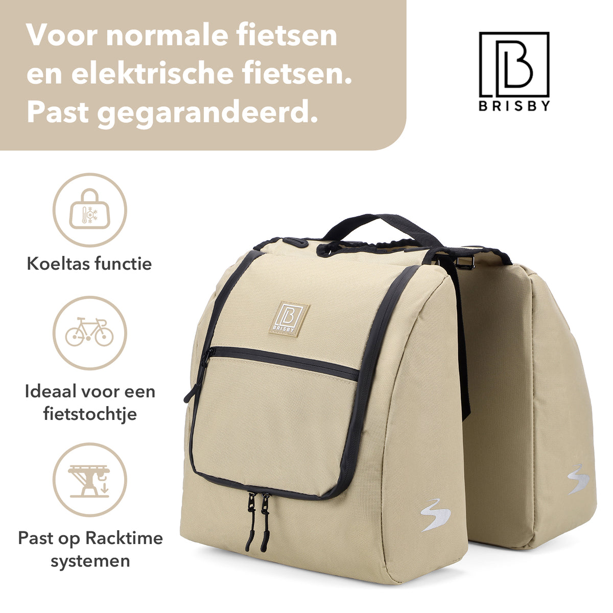 Brisby Dubbele Fietstas 28 Liter – Koeltas en Lunchtas – 4-laags Geïsoleerd – Voor Gewone en Elektrische Fiets – Waterafstotend met Waterdichte Ritsen – Natural Champagne