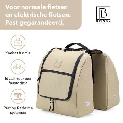 Brisby Dubbele Fietstas 28 Liter – Koeltas en Lunchtas – 4-laags Geïsoleerd – Voor Gewone en Elektrische Fiets – Waterafstotend met Waterdichte Ritsen – Natural Champagne