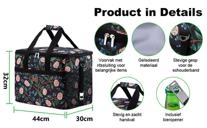 Koeltas 40L passion flower - lunchtas - opvouwbaar - 4-laags geïsoleerd - incl. 6 gratis koelelementen en draagband