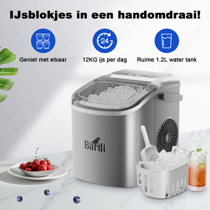 Bardi Deluxe Ice Cube Machine 1.2L Stainless Steel - Self-cleaning function - Ice cube maker with ice scoop - Incl. luxury thermos cup and ice scoop