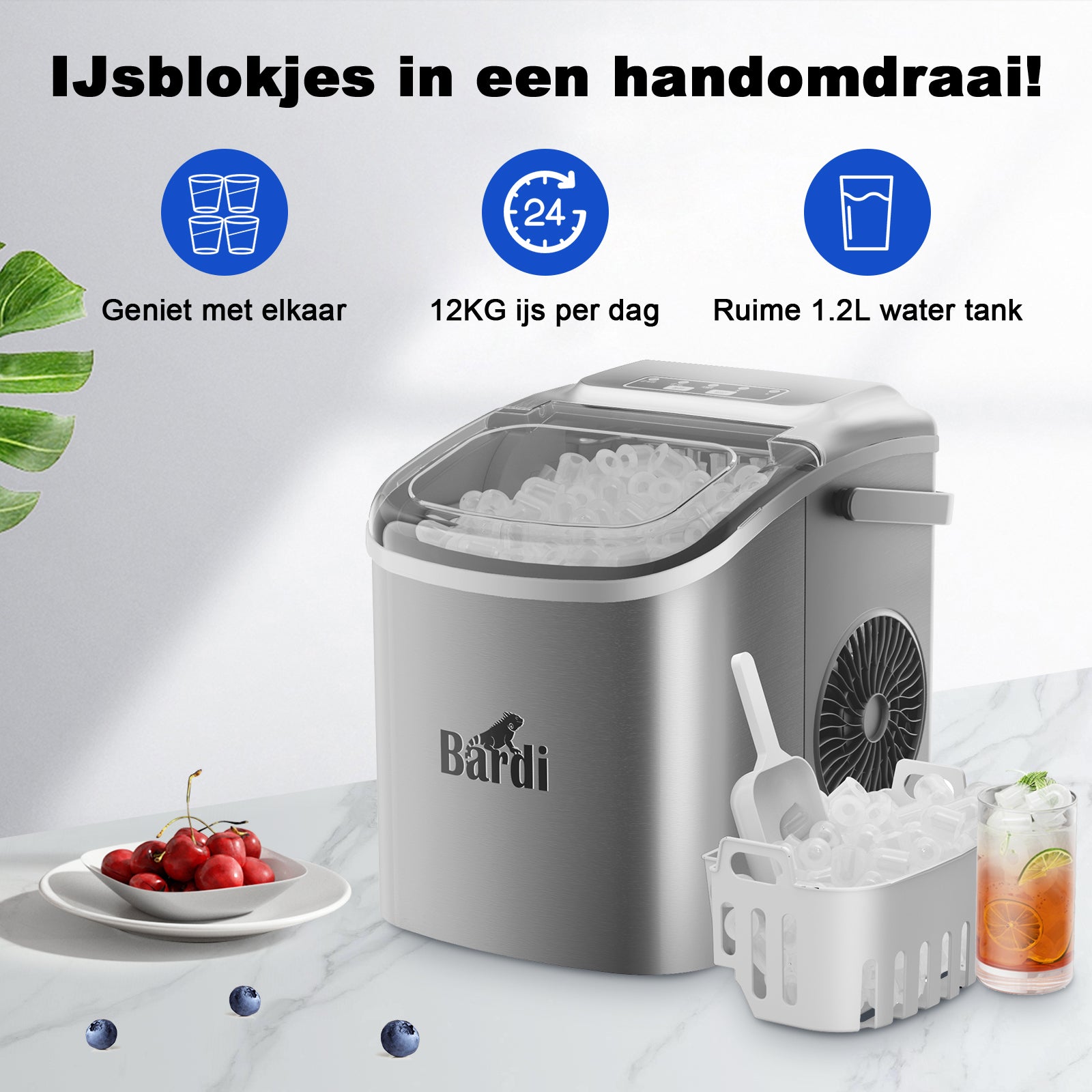 Bardi Deluxe IJsblokjesmachine 1,2L RVS - Zelfreinigingsfunctie - ijsblokmaker met ijsschep - Incl. luxe thermosbeker en ijsschep