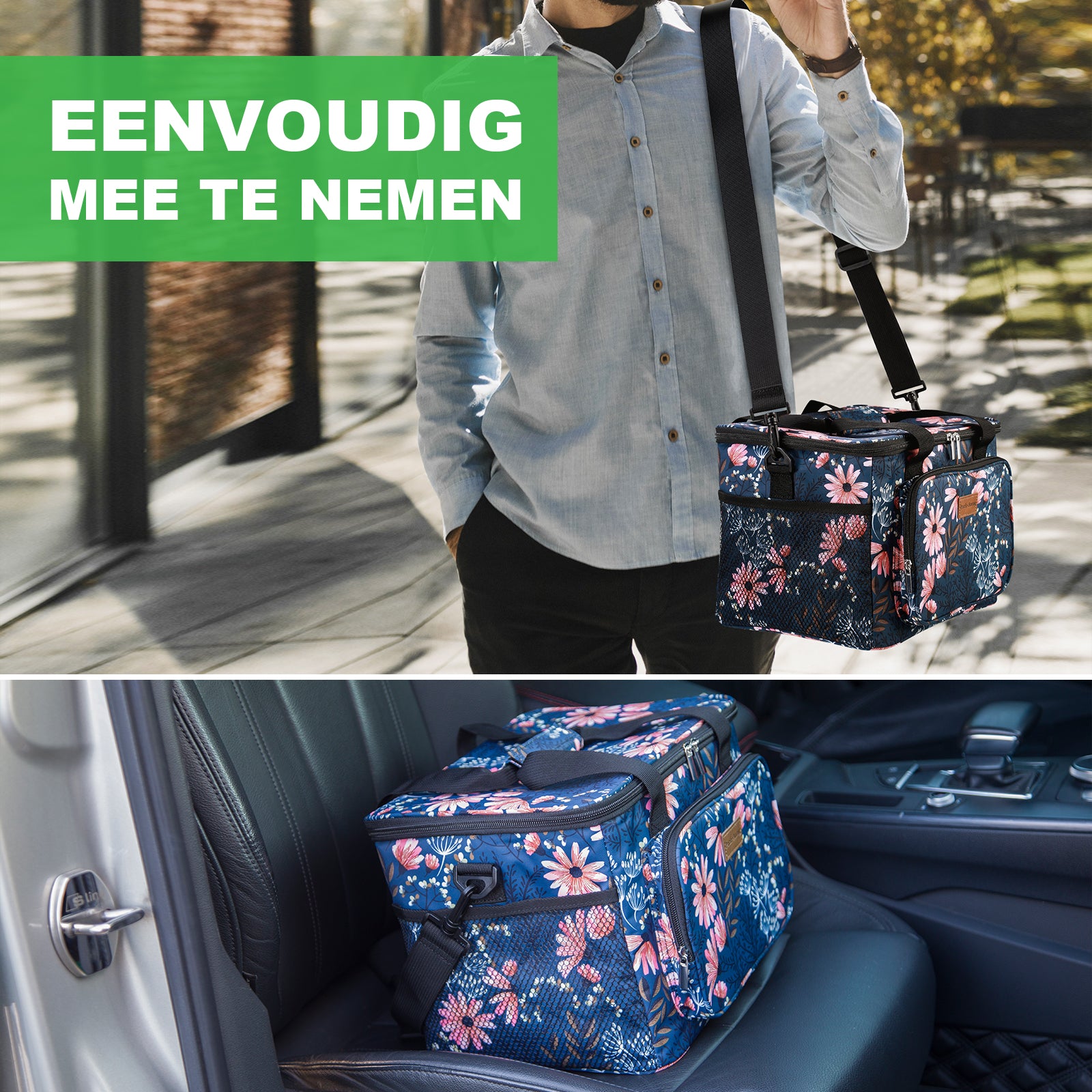 Koeltas 15L japanse bloem - lunchtas - 4-laags geïsoleerd - opvouwbaar - incl. 2 gratis koelelementen en draagband