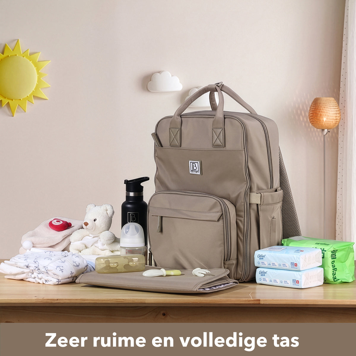 Brisby slijtvaste Luiertas – verzorgingstas – met buggymontage - Natural Greige
