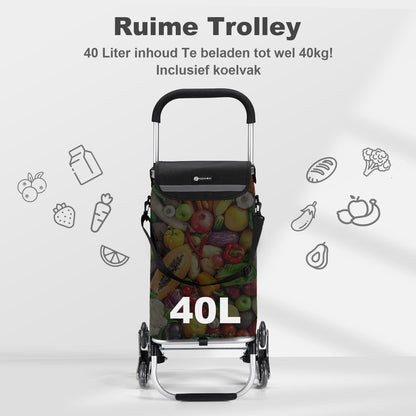 Boodschappentrolley 40L  met trapwielen zwart - winkelwagen ophanging - opvouwbaar - telescopisch handvat