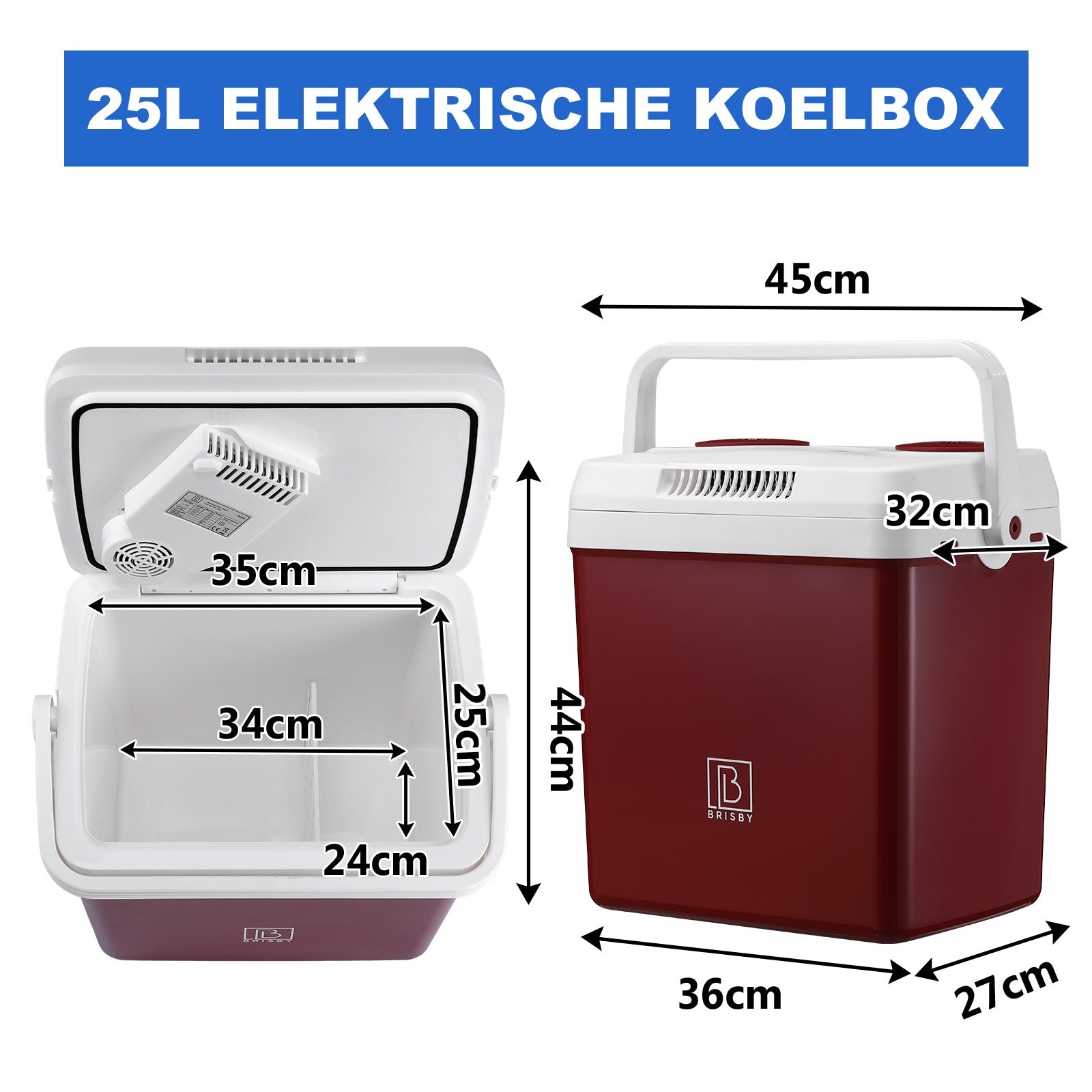 Elektrische koelbox 25L rood - AC/DC 12V, 220/230V - incl. divider en vershoudbakjes - vergrendelbare deksel