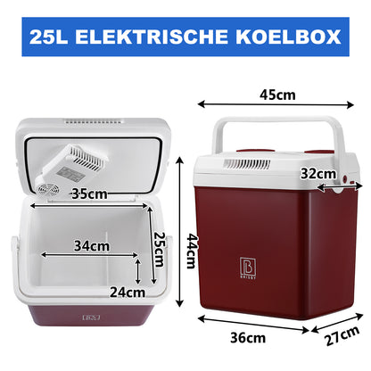 Elektrische koelbox 25L rood - AC/DC 12V, 220/230V - incl. divider en vershoudbakjes - vergrendelbare deksel