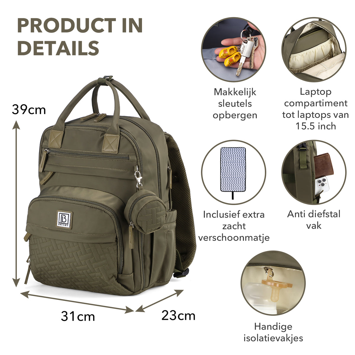 Brisby Premium Luiertas – Uitgebreide en Functionele Verzorgingstas – met buggymontage – Anti Diefstal Vakken - Reistrolley Sleeve - Inclusief verschoonmatje t.w.v.15,99 euro en speenhouder - Levenslange Garantie - Olive Green