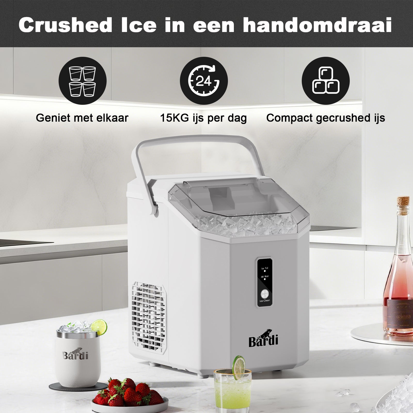 Bardi Nugget IJsblokjesmachine Square 1,1L wit - 15 kg/24 uur - incl. thermosbeker