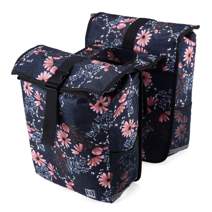 Brisby Dubbele Fietstas Rolltop Zwart 39-48L Waterdicht Geschikt voor Elektrische Fietsen & E-Bike - Japanese Flower