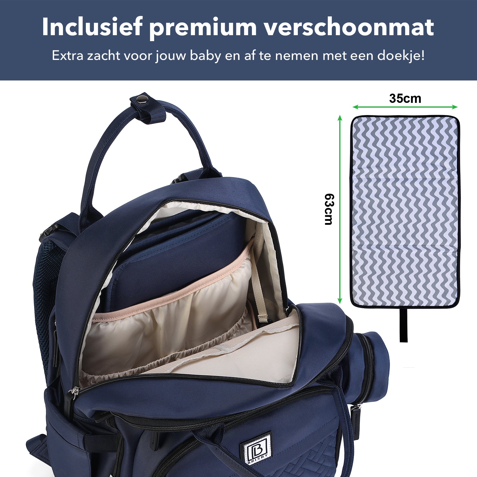 Premium luiertas blauw - uitgebreide en functionele verzorgingstas - met buggymontage - anti diefstal vakken - reistrolley sleeve - incl. verschoonmatje en speenhouder - levenslange garantie