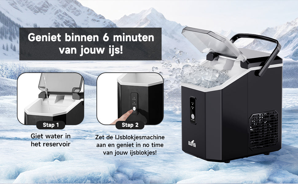 Bardi 1.1L - Nugget IJsblokjesmachine Square - Crushed Ice Maker met IJsschep - 15kg/24 uur - Ijsblokjesmaker - Met Luxe Thermosbeker - Zwart met citruspers zwart