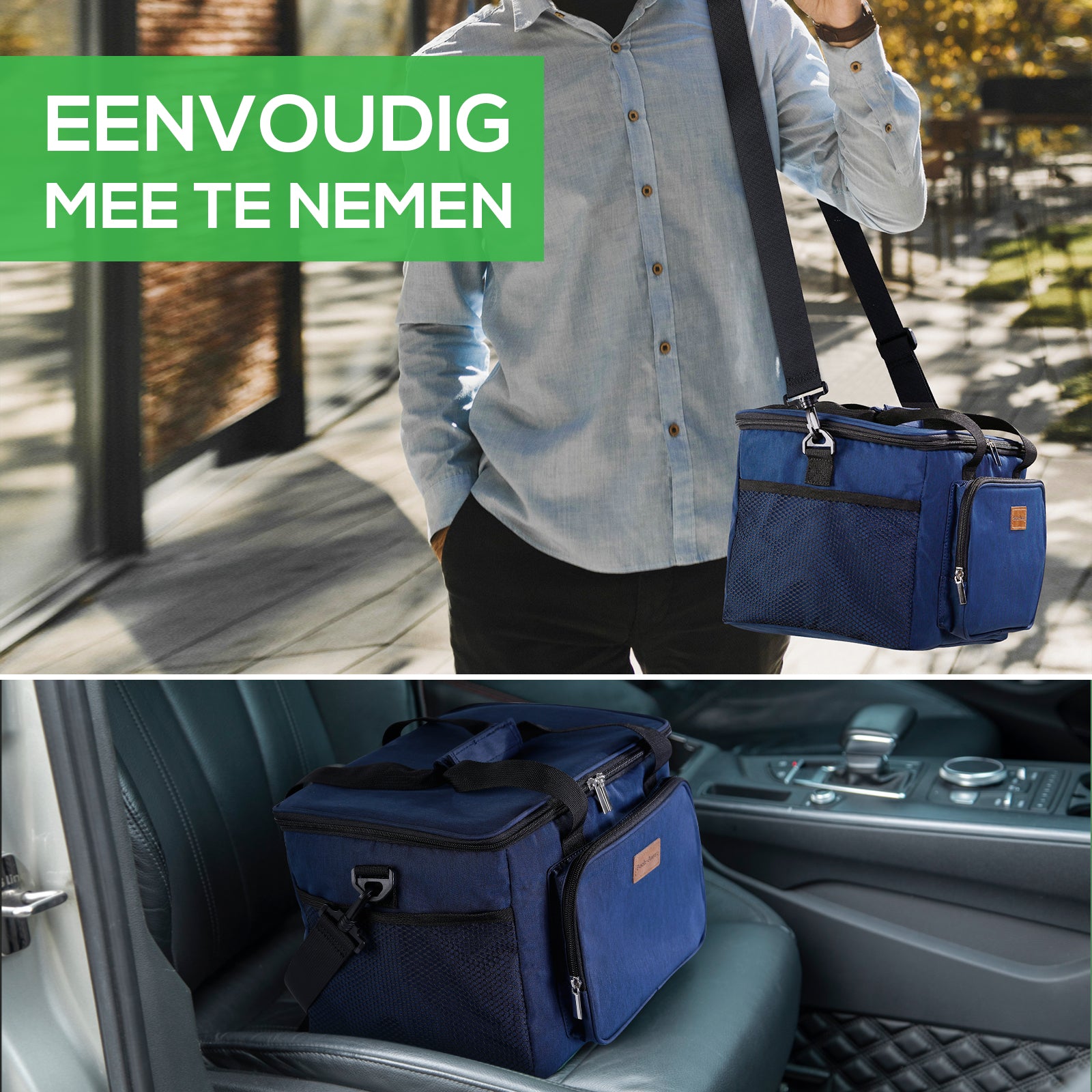 Koeltas 15L donkerblauw - lunchtas - 4-laags geïsoleerd - opvouwbaar - incl. 2 gratis koelelementen en draagband