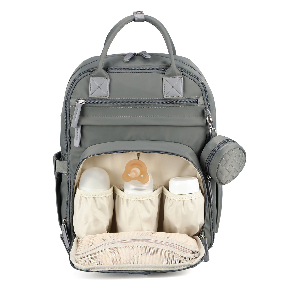 Brisby Premium Luiertas – Uitgebreide en Functionele Verzorgingstas – met buggymontage – Anti Diefstal Vakken - Reistrolley Sleeve - Inclusief verschoonmatje t.w.v.15,99 euro en speenhouder - Levenslange Garantie - Misty Green