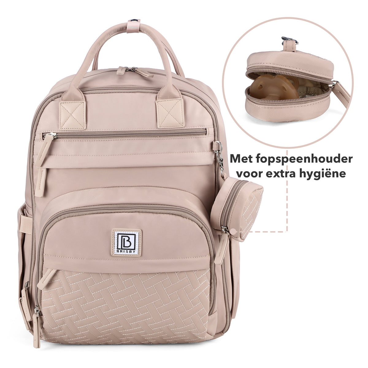 Brisby Premium Luiertas – Uitgebreide en Functionele Verzorgingstas – met buggymontage – Anti Diefstal Vakken - Reistrolley Sleeve - Inclusief verschoonmatje t.w.v.15,99 euro en speenhouder - Levenslange Garantie - Muted Rosé