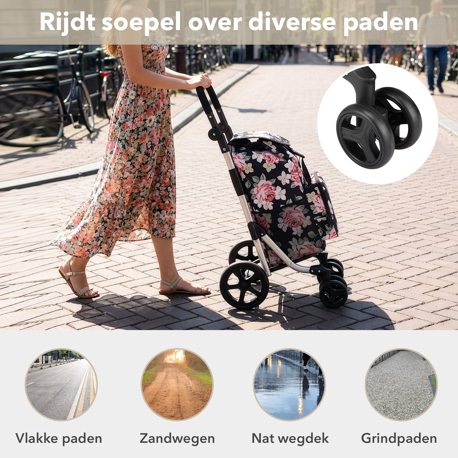 Packaway Boodschappentrolley met 4 wielen - boodschappenwagen deluxe met koelvak en verstelbaar handvat – 60 liter – Black Flower
