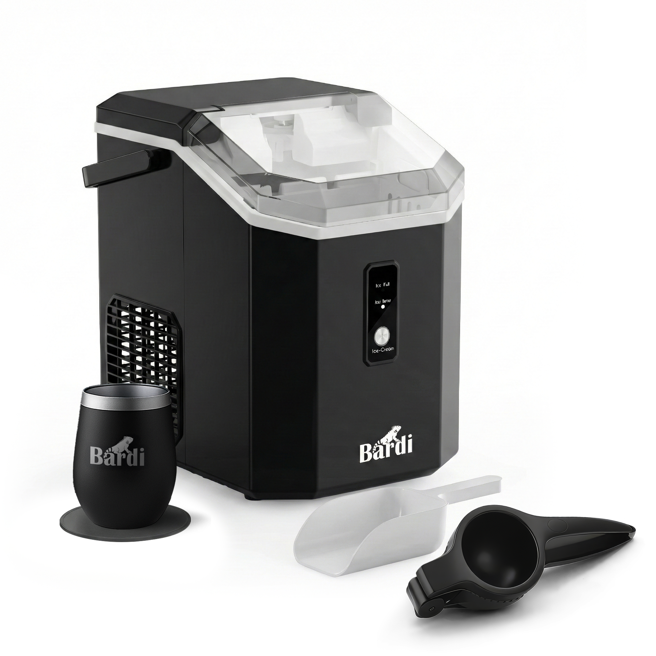 Bardi 1.1L - Nugget IJsblokjesmachine Square - Crushed Ice Maker met IJsschep - 15kg/24 uur - Ijsblokjesmaker - Met Luxe Thermosbeker - Zwart met citruspers zwart
