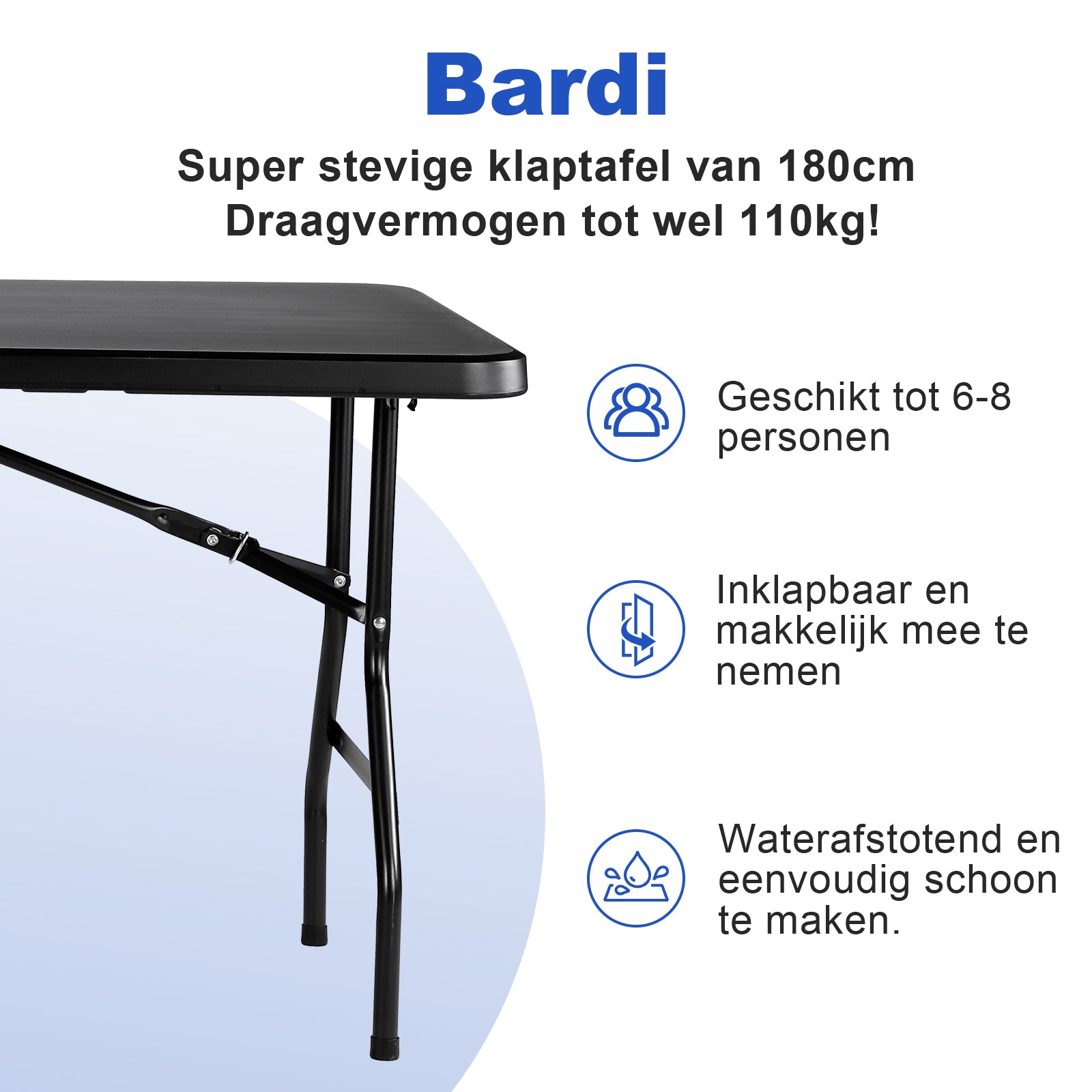 Zwarte Inklapbare Campingtafel 180x75 cm inclusief Donkerblauwe rok