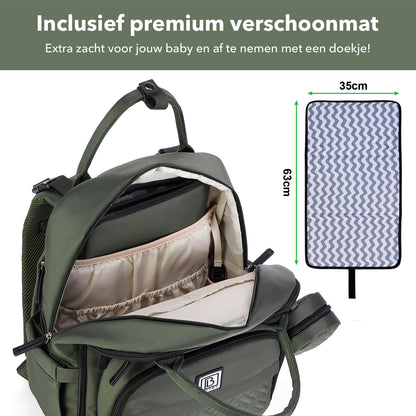 Premium luiertas groen - uitgebreide en functionele verzorgingstas - met buggymontage - anti diefstal vakken - reistrolley sleeve - incl. verschoonmatje en speenhouder - levenslange garantie