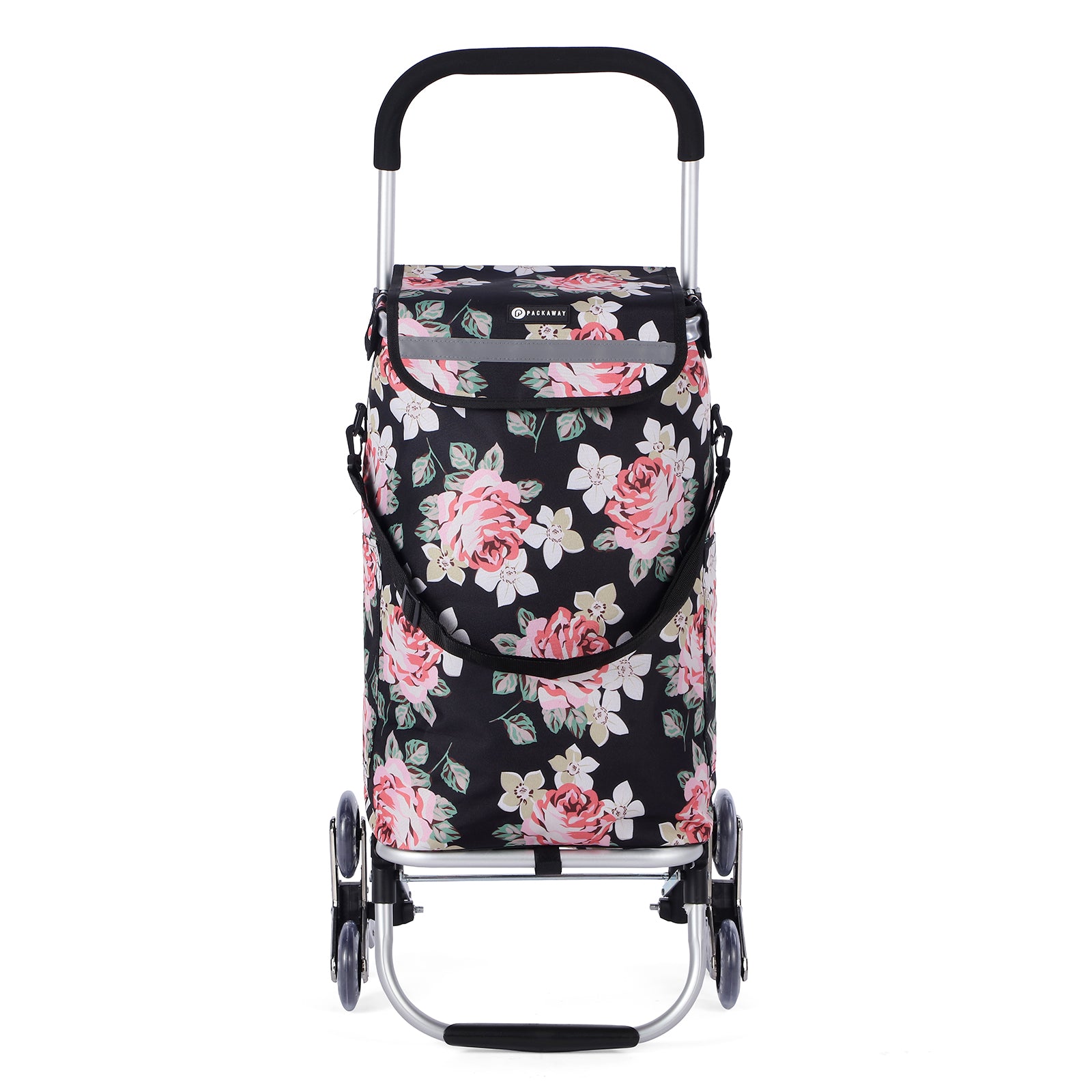 Packaway Boodschappentrolley met Trapwielen 40 Liter - Opvouwbare Boodschappenwagen met ruim Koelvak - Black Flower