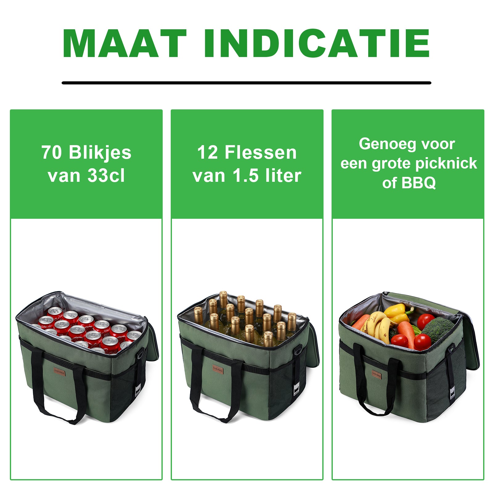 Koeltas 30L groen - lunchtas - opvouwbaar - 4-laags geïsoleerd - incl. 4 gratis koelelementen en draagband