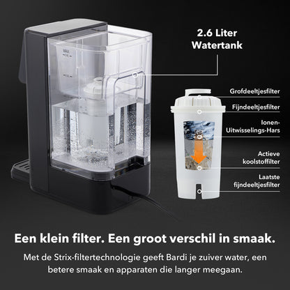 Bardi Heetwaterdispenser 2,6L zwart met STRIX filter -  incl. thermoscup + onderzetter