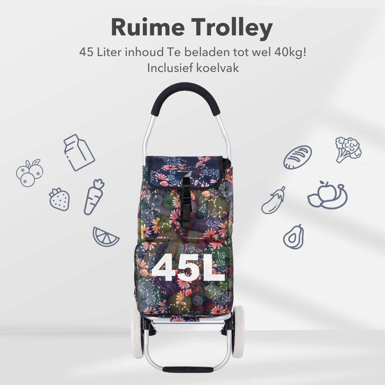 Packaway Boodschappentrolley 45L met Koelvak - Boodschappenwagen met Grote Wielen - Steekwagenfunctie - Waterafstotend - Japanese Flower