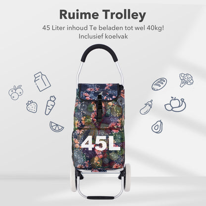 Packaway Boodschappentrolley 45L met Koelvak - Boodschappenwagen met Grote Wielen - Steekwagenfunctie - Waterafstotend - Japanese Flower