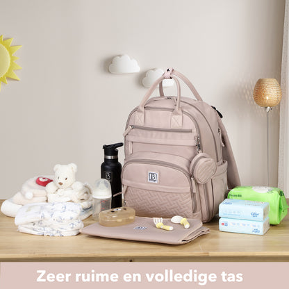 Brisby Premium Luiertas – Uitgebreide en Functionele Verzorgingstas – met buggymontage – Anti Diefstal Vakken - Reistrolley Sleeve - Inclusief verschoonmatje t.w.v.15,99 euro en speenhouder - Levenslange Garantie - Muted Rosé