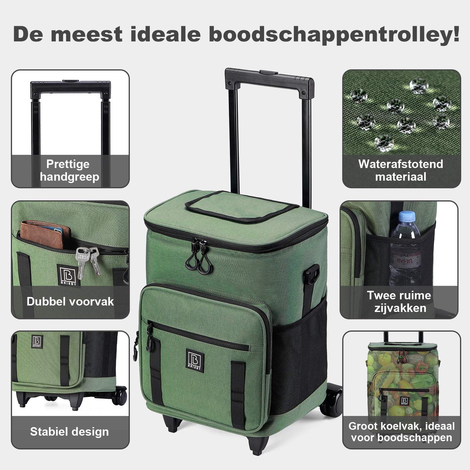 Brisby Boodschappentrolley met Koelvak – 32L Ruimte – Ideaal voor Boodschappen – Inclusief Koelelementen – Waterafstotend – Verstelbaar Handvat – Groen