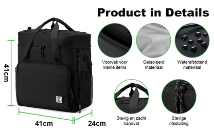 Koeltas 40L zwart met grijze binnenzijde - Lunchtas - 4-laags geïsoleerd - 6 gratis koelelementen - incl. schouderband