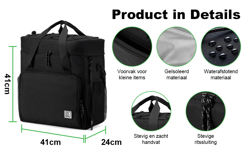 Koeltas 40L zwart met grijze binnenzijde - Lunchtas - 4-laags geïsoleerd - 6 gratis koelelementen - incl. schouderband