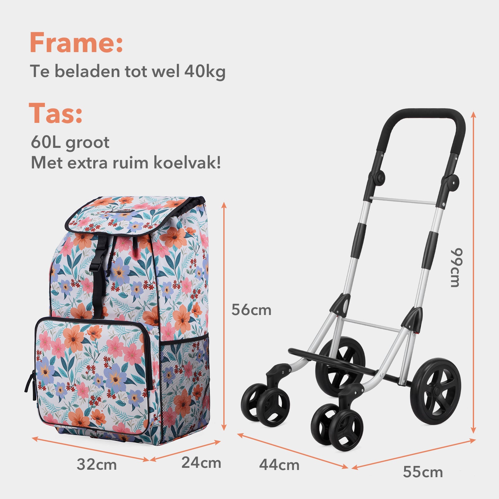 Packaway Boodschappentrolley met 4 wielen - boodschappenwagen deluxe met koelvak en verstelbaar handvat – 60 liter – Pastel Blossom