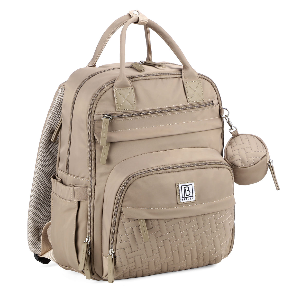Brisby Premium Luiertas – Uitgebreide en Functionele Verzorgingstas – met buggymontage – Anti Diefstal Vakken - Reistrolley Sleeve - Inclusief verschoonmatje t.w.v.15,99 euro en speenhouder - Levenslange Garantie - Natural Greige