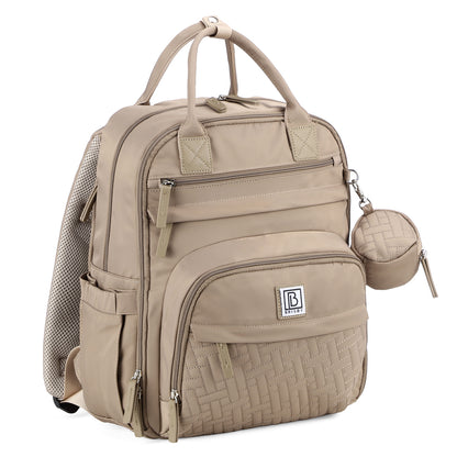 Brisby Premium Luiertas – Uitgebreide en Functionele Verzorgingstas – met buggymontage – Anti Diefstal Vakken - Reistrolley Sleeve - Inclusief verschoonmatje t.w.v.15,99 euro en speenhouder - Levenslange Garantie - Natural Greige