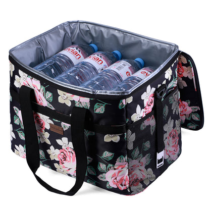 Koeltas 40L black flower - lunchtas - opvouwbaar - 4-laags geïsoleerd - incl. 6 gratis koelelementen en draagband