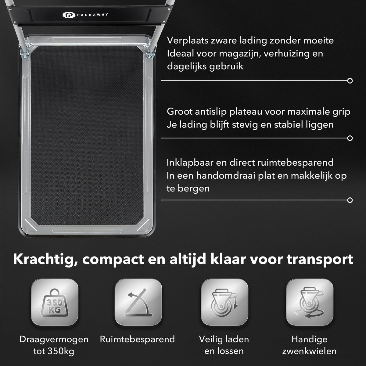 Packaway Opvouwbare Transportwagen 350 kg – Transportkar met Rem – 92 x 62 cm – Antislip Laadplatform – 4 Wielen – Inklapbare Duwbeugel