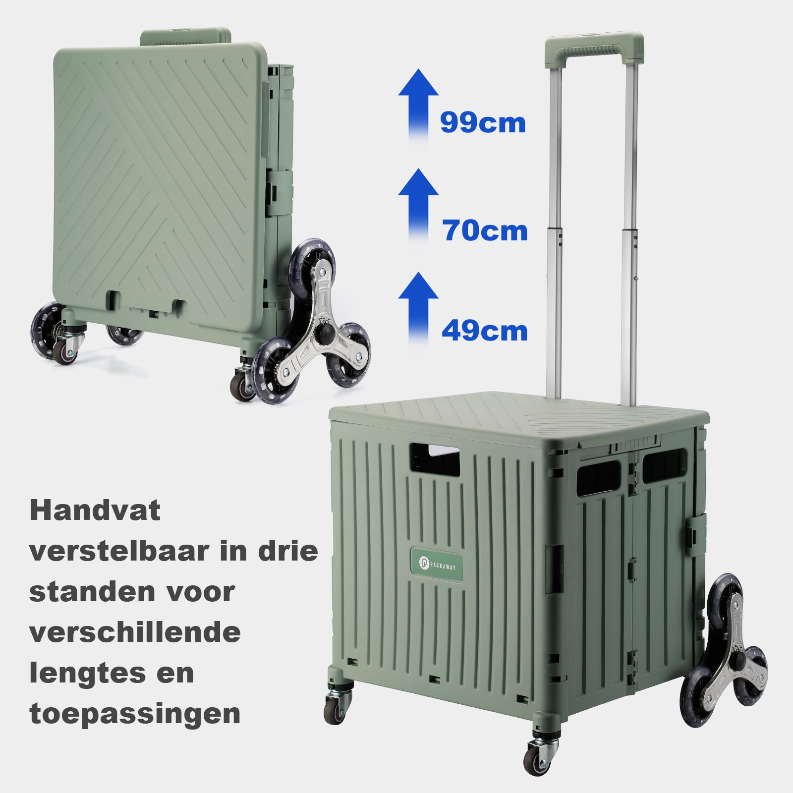 Boodschappentrolley 50L XL met trapwielen groen - boodschappenkrat - 35 kg draagvermogen - met deksel en telescopisch handvat